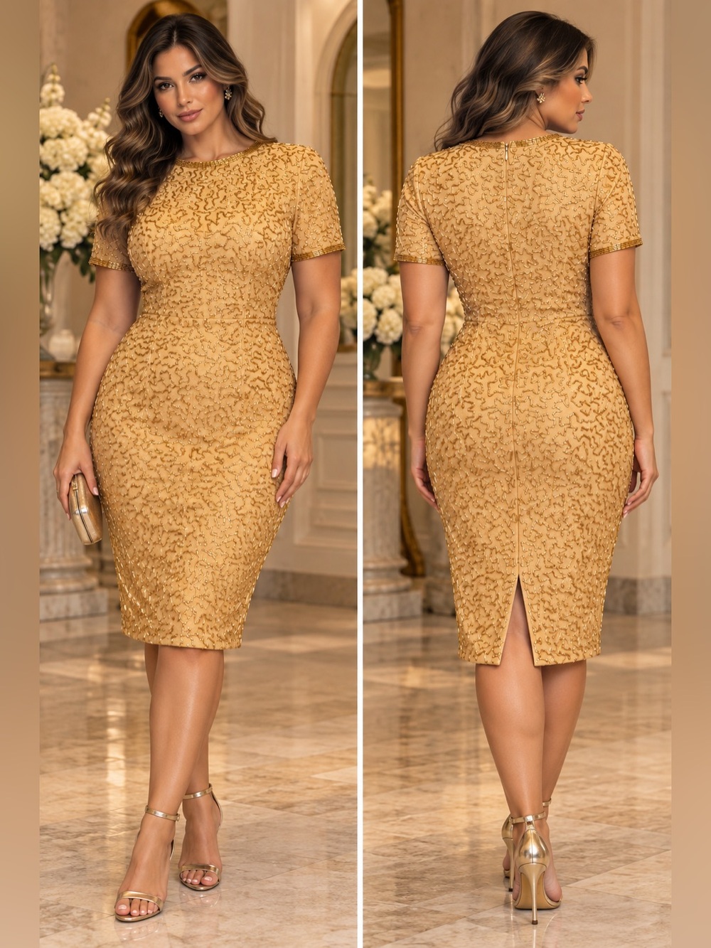 Vintage A.J. Bari Gold Fully Beaded 100% Silk Sheath Dress Petites Size 6